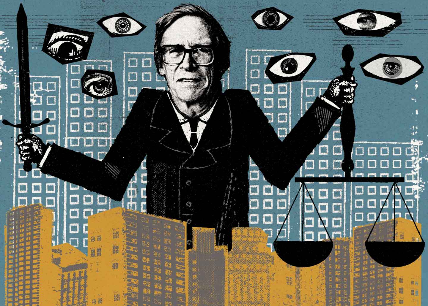 Collage illustration of the philosopher John Rawls in a dark suit, holding a sword in one hand and the scales of justice in the other, against a city skyline dotted with watching eyes.
