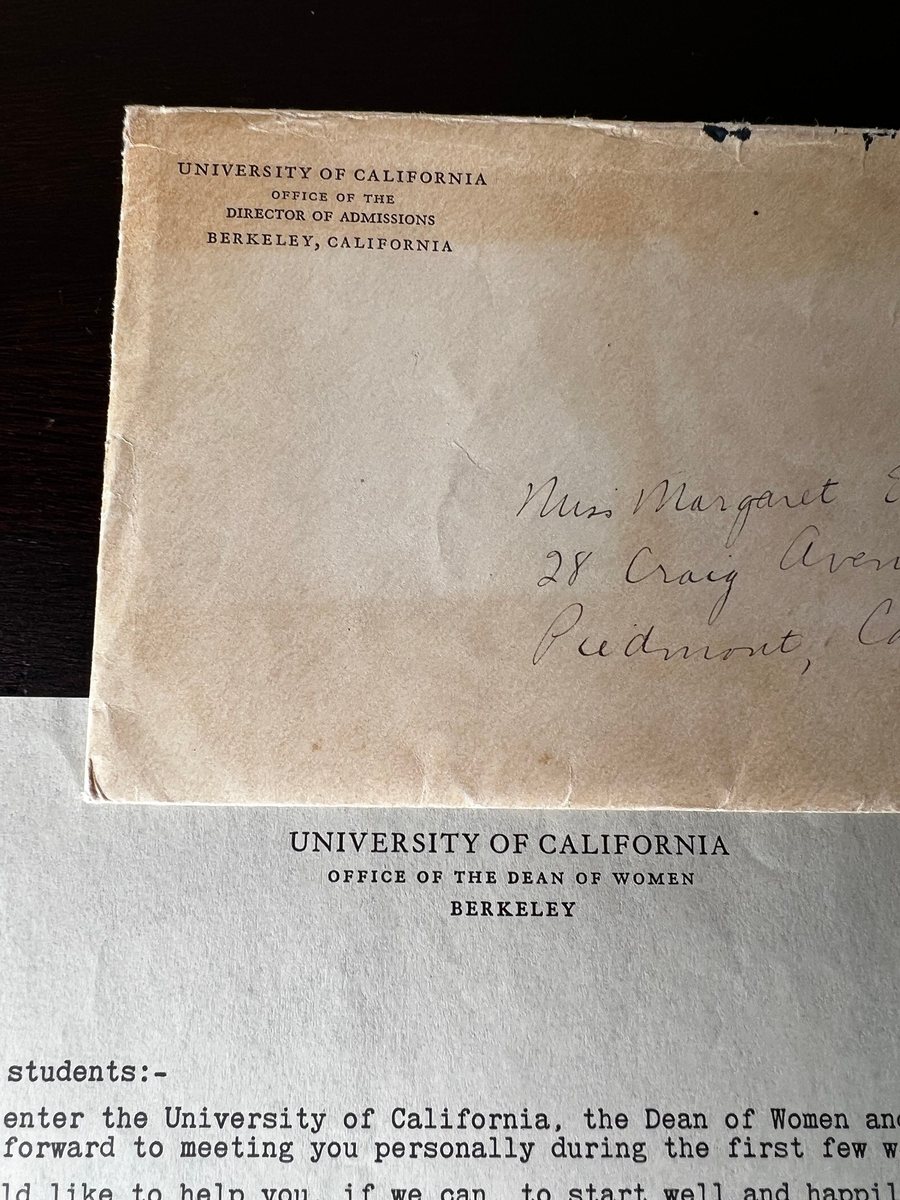 A letter and envelope from the University of California's Office of the Director of Admissions, Berkeley.